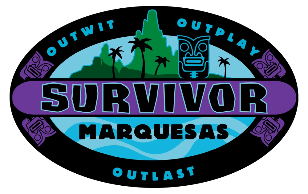 A logo for survivor marquesas, with an island and tiki mask.